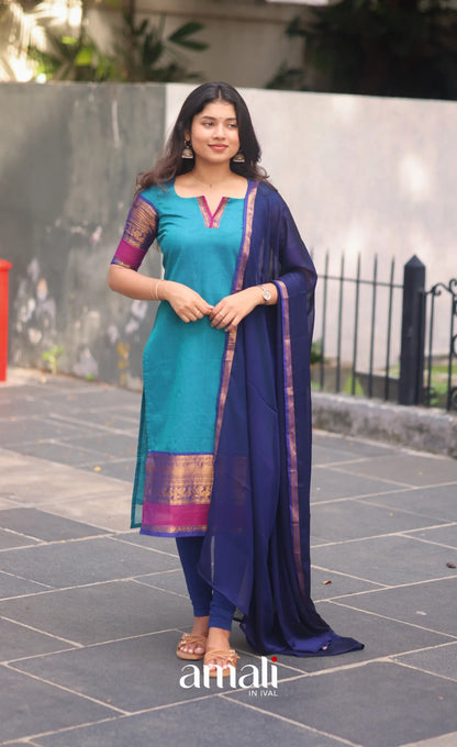 Teal Blue and Royal Blue Chettinad Cotton Salwar Set - salwar