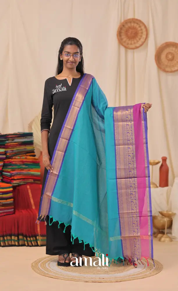 Teal Blue With Dark Blue Chettinad Cotton Dupatta salwar