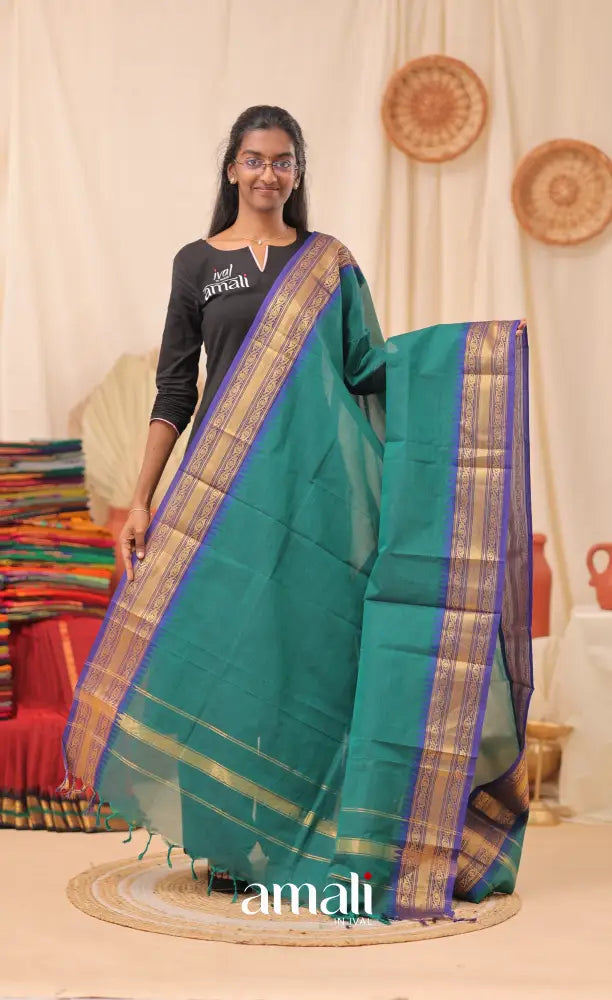Teal Blue With Dark Blue Chettinad Cotton Dupatta salwar