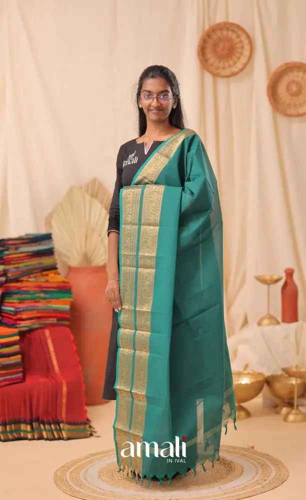 Teal Blue With Gold Chettinad Cotton Dupatta salwar