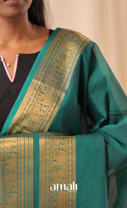 Teal Blue With Gold Chettinad Cotton Dupatta salwar
