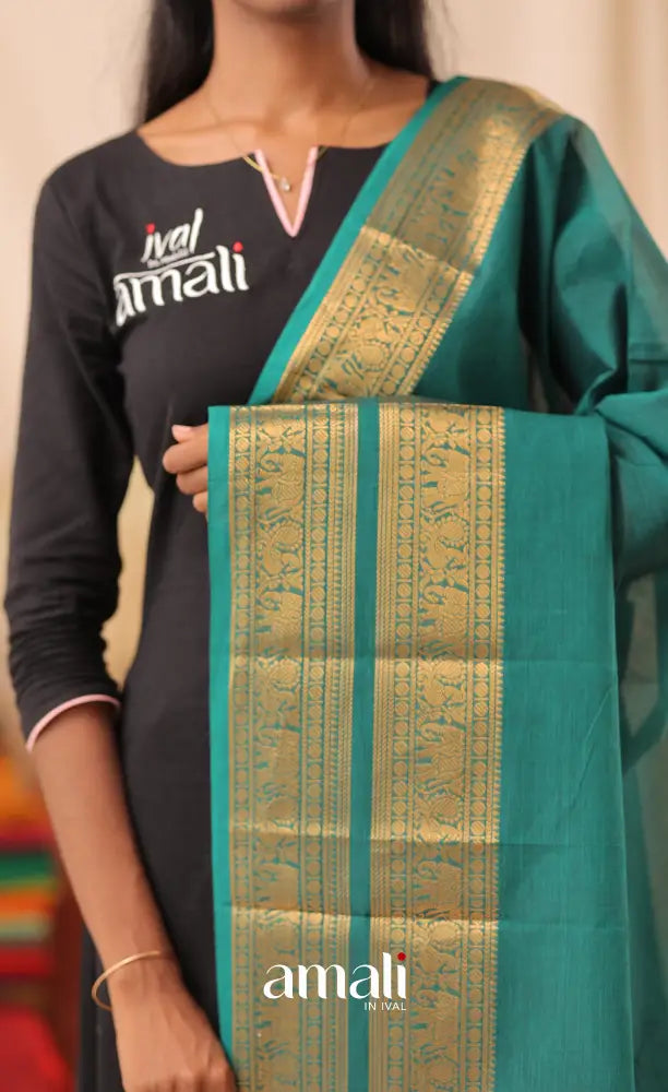 Teal Blue With Gold Chettinad Cotton Dupatta salwar