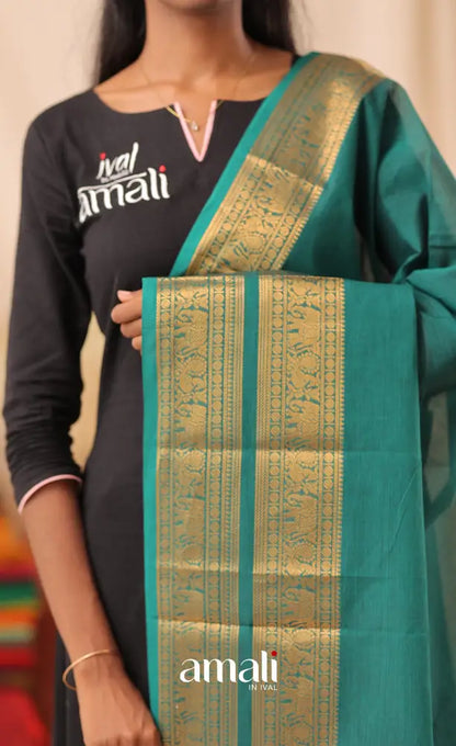 Teal Blue With Gold Chettinad Cotton Dupatta salwar