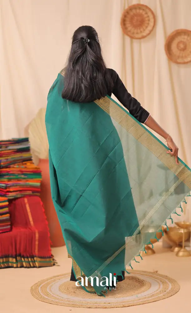 Teal Blue With Gold Chettinad Cotton Dupatta salwar
