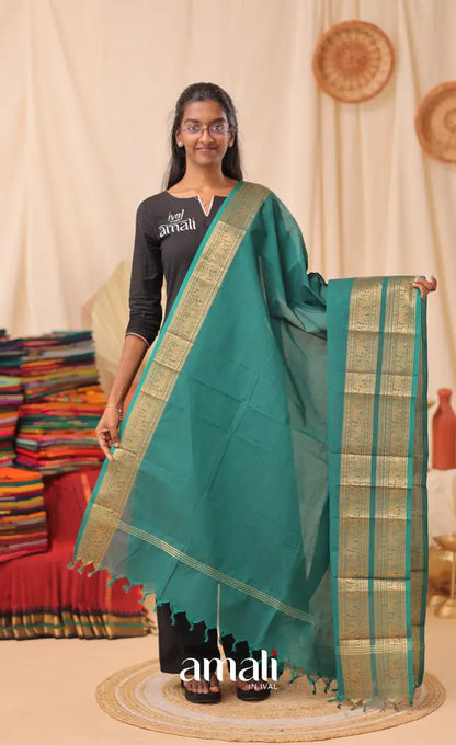 Teal Blue With Gold Chettinad Cotton Dupatta salwar