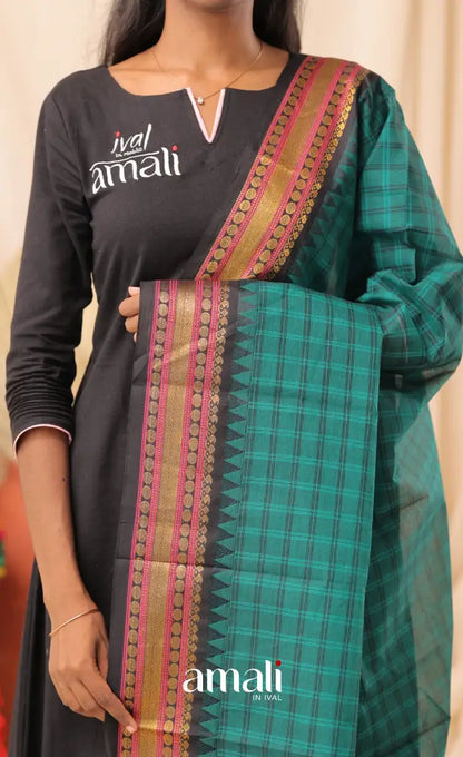 Teal Checks With Dark Blue Chettinad Cotton Dupatta salwar