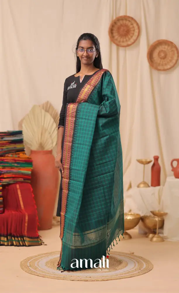 Teal Checks With Dark Blue Chettinad Cotton Dupatta salwar