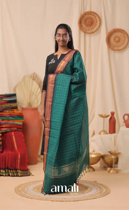 Teal Checks With Dark Blue Chettinad Cotton Dupatta salwar