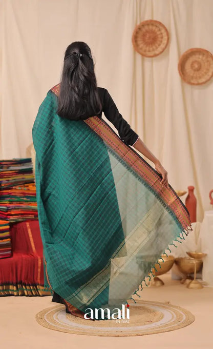 Teal Checks With Dark Blue Chettinad Cotton Dupatta salwar
