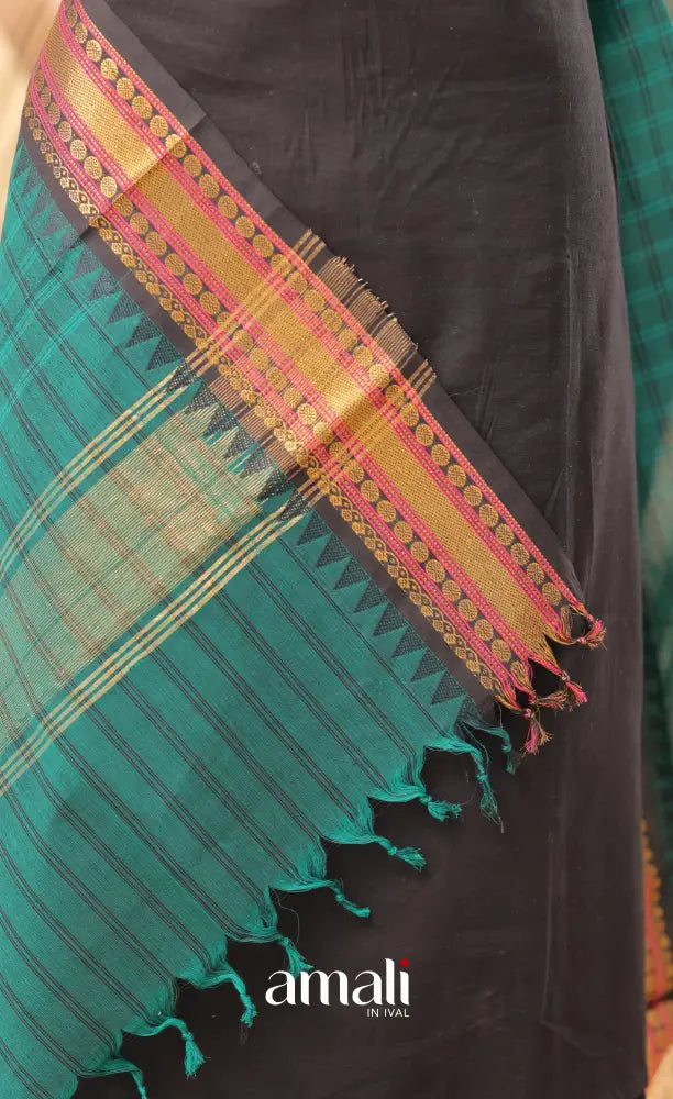 Teal Checks With Dark Blue Chettinad Cotton Dupatta salwar