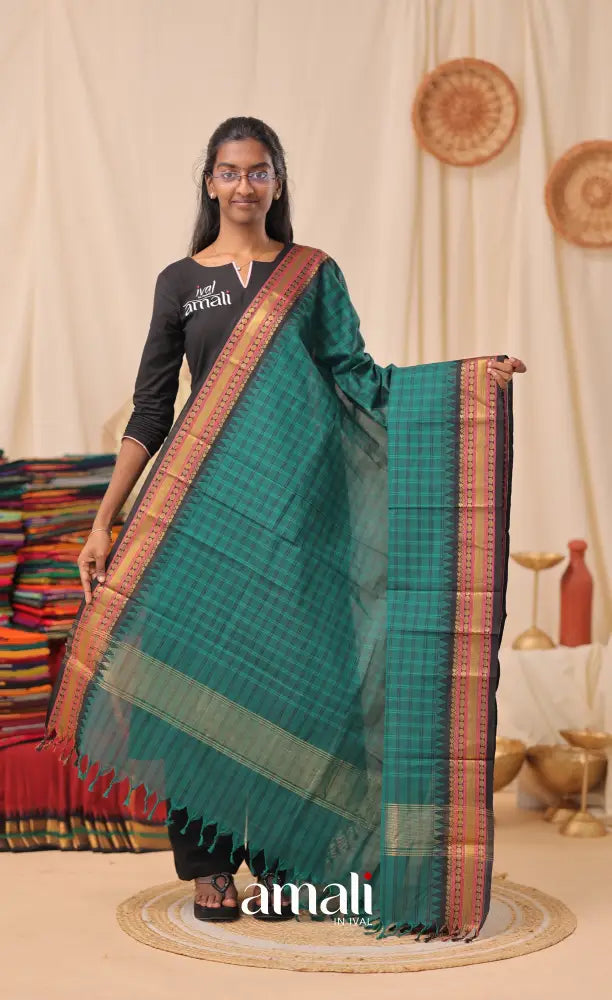 Teal Checks With Dark Blue Chettinad Cotton Dupatta salwar