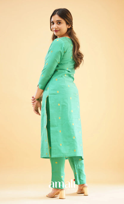 Teal Green Slub Cotton Silk Co-Ord Set