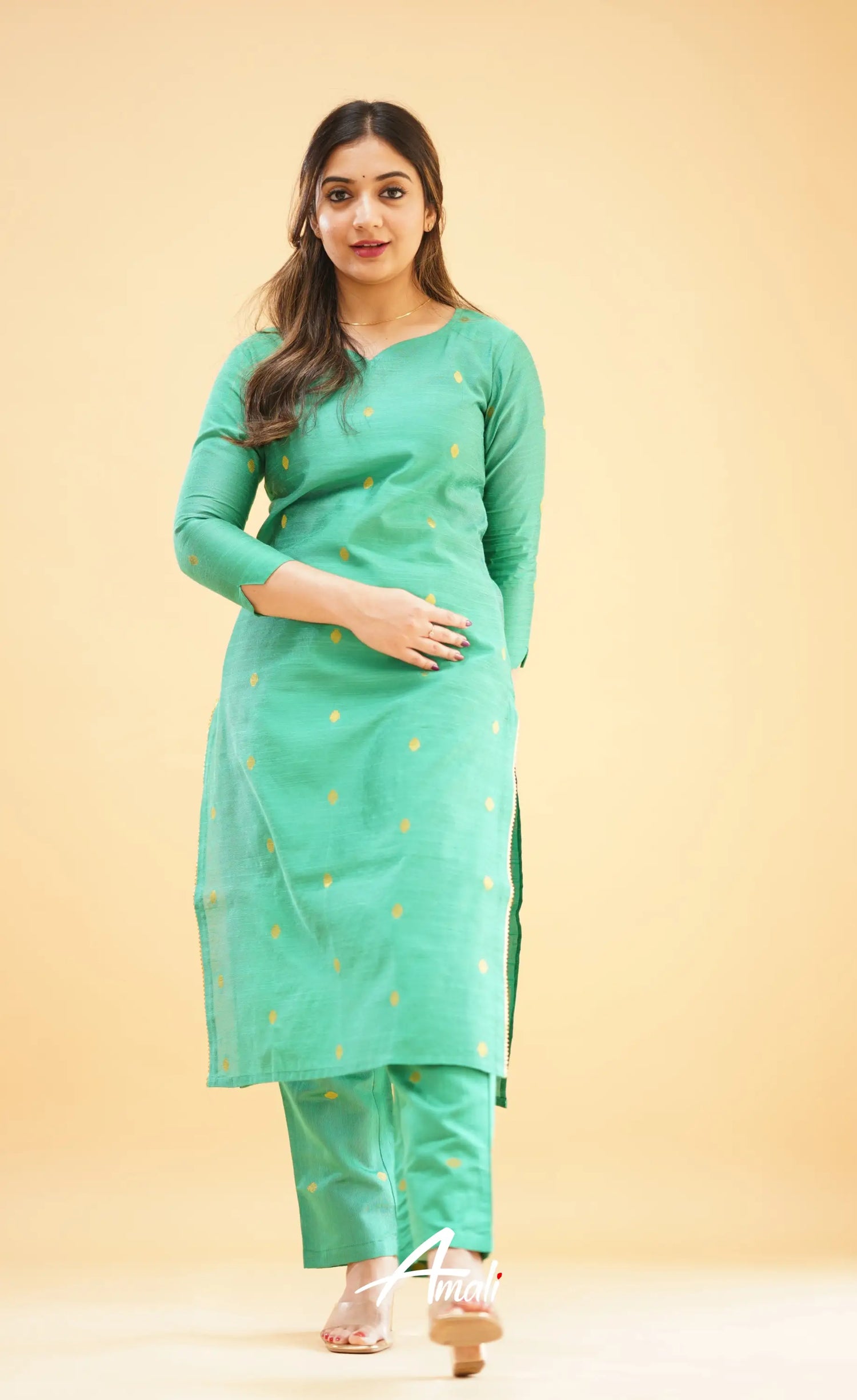 Teal Green Slub Cotton Silk Co-Ord Set