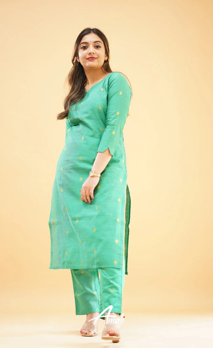 Teal Green Slub Cotton Silk Co-Ord Set