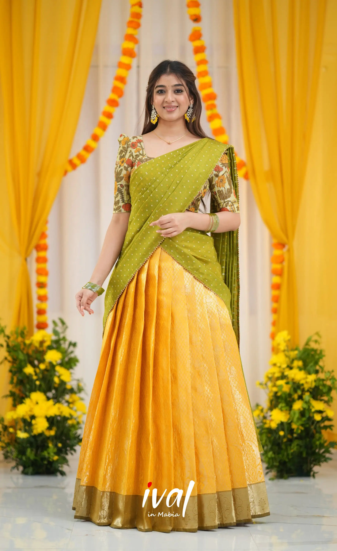 Teja Tissue Banarasi Half Saree - Yellow and Henna Green Half Sarees