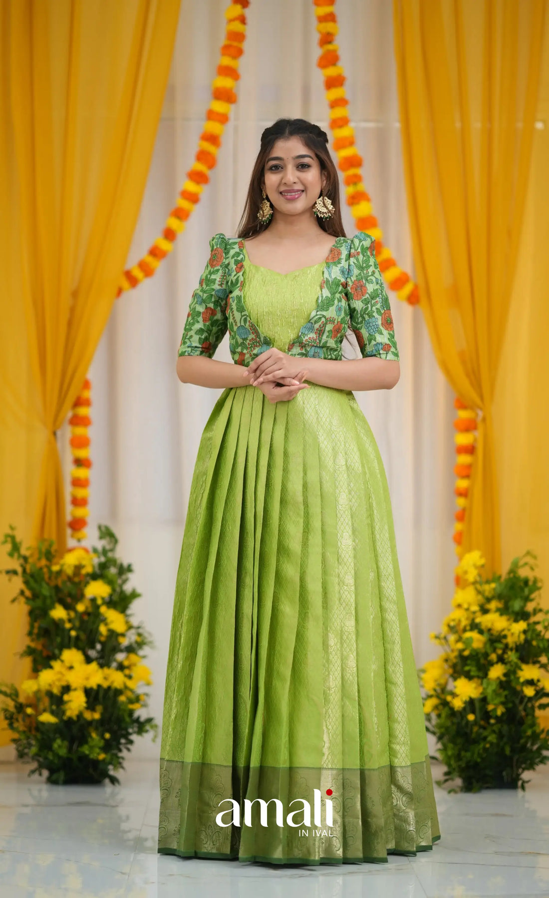 Tissue Banarasi Long Gown - Light Green and Bottle Green gown