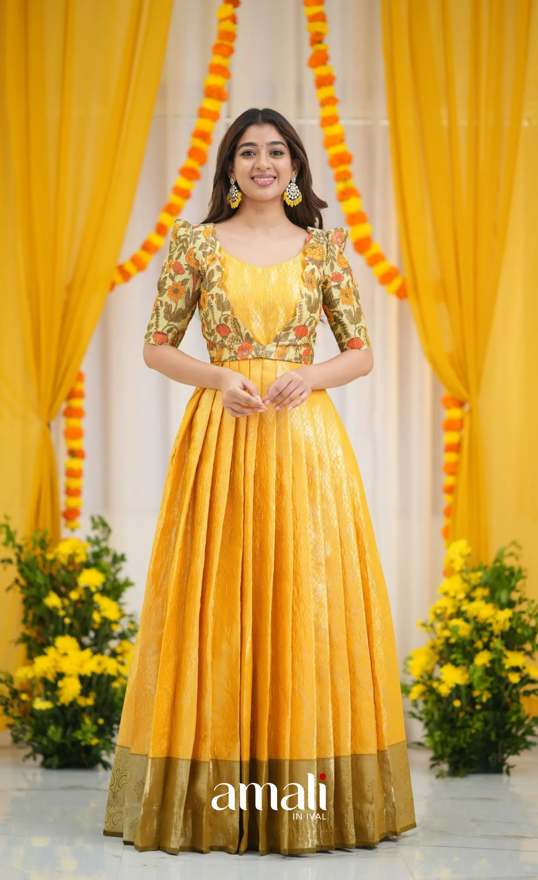 Tissue Banarasi Long Gown - Yellow and Henna Mustard gown