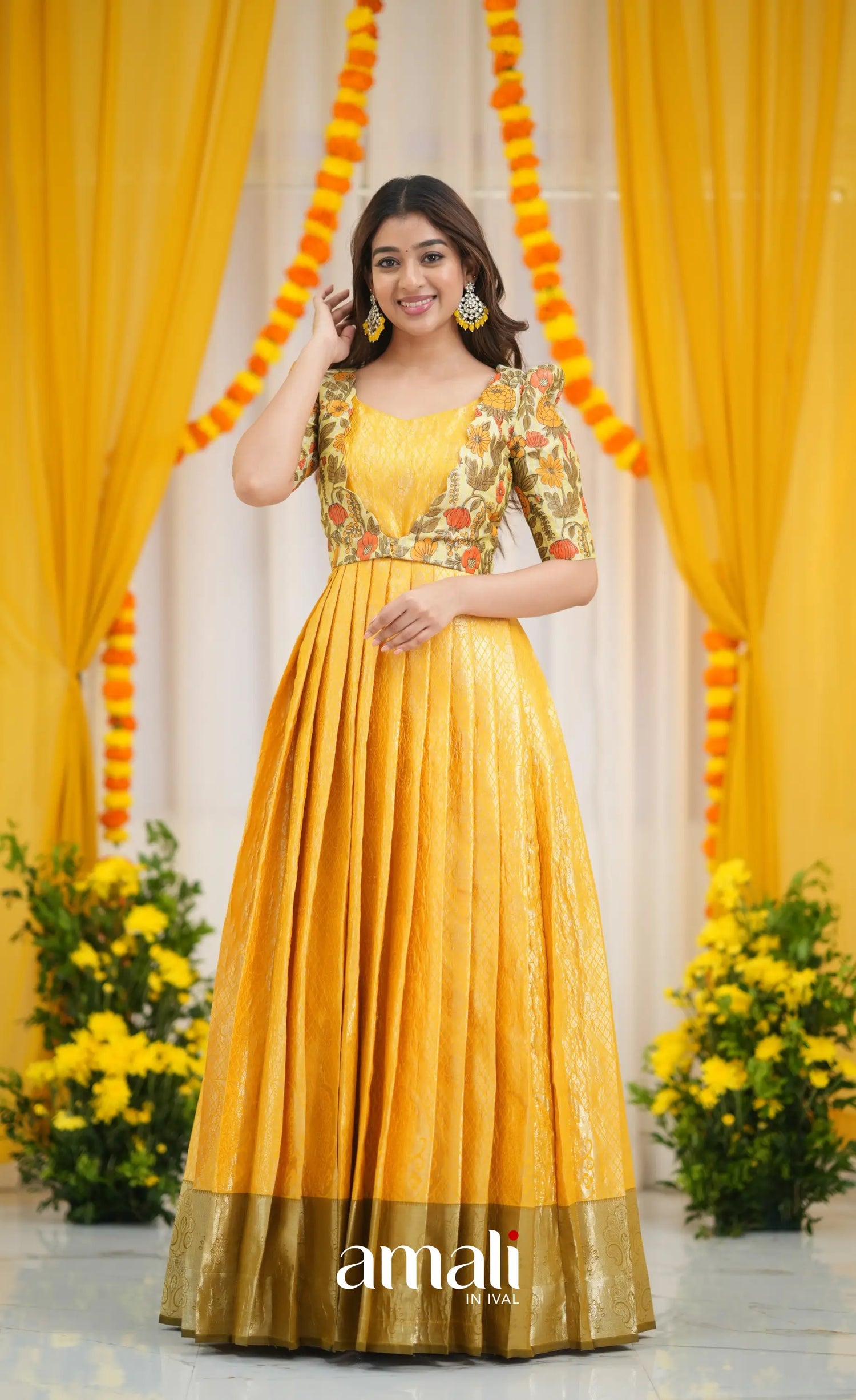 Tissue Banarasi Long Gown - Yellow and Henna Mustard Ivalinmabia Tissue Banarasi Long Gown - Yellow and Henna Mustard Ivalinmabia