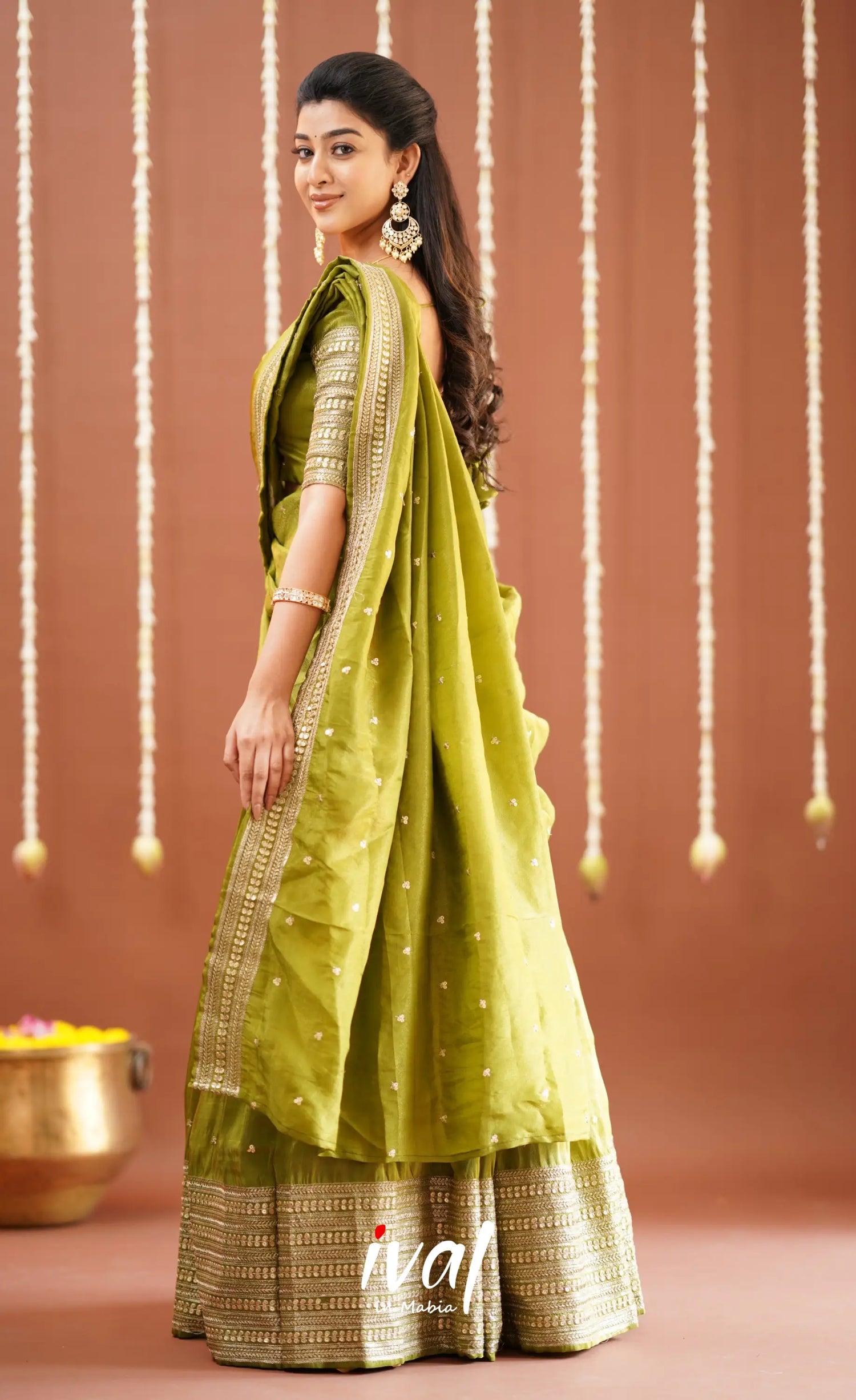 Tulip Gaji Fancy Silk Halfsaree - Olive Green Half Sarees