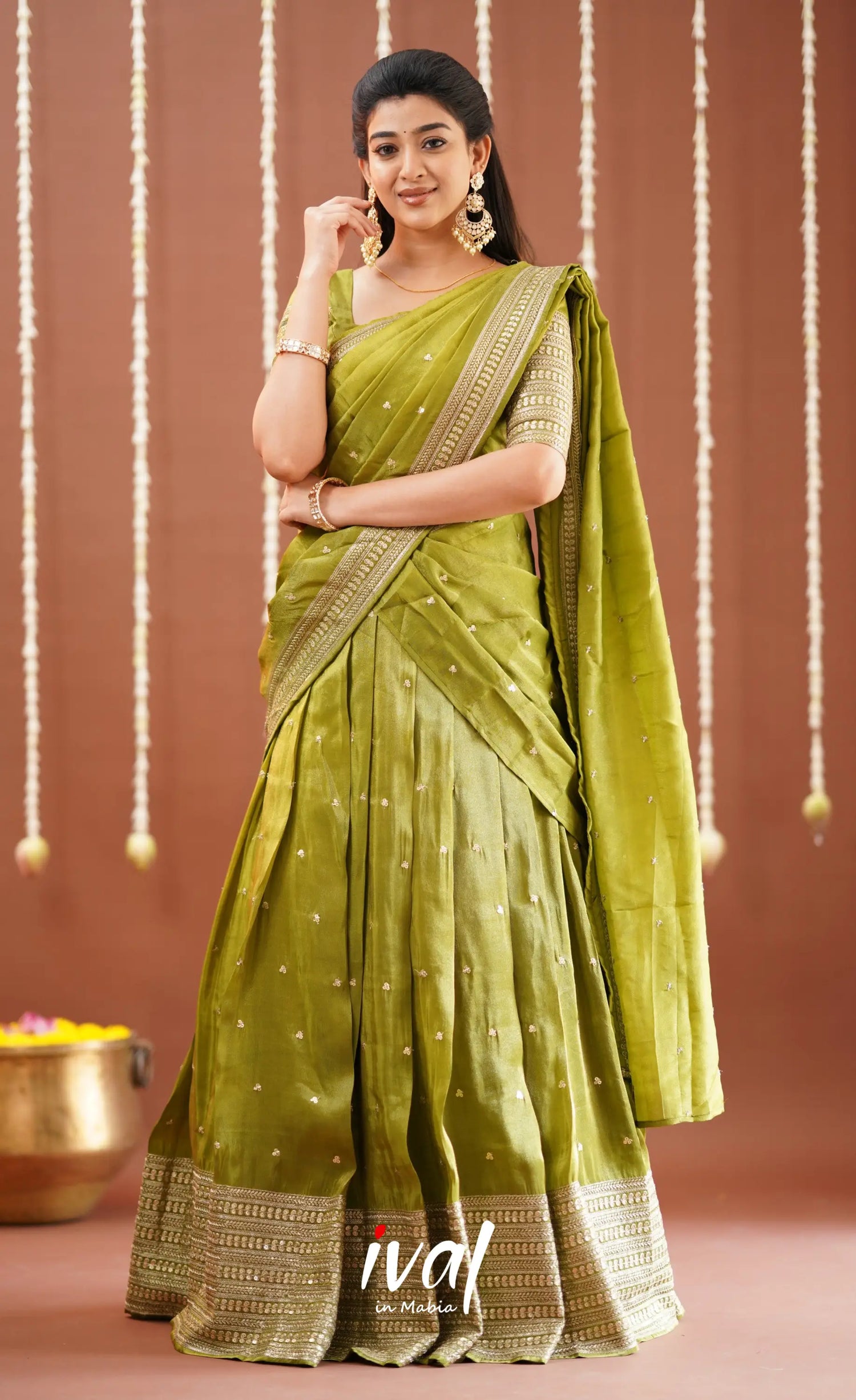 Tulip Gaji Fancy Silk Halfsaree - Olive Green Half Sarees