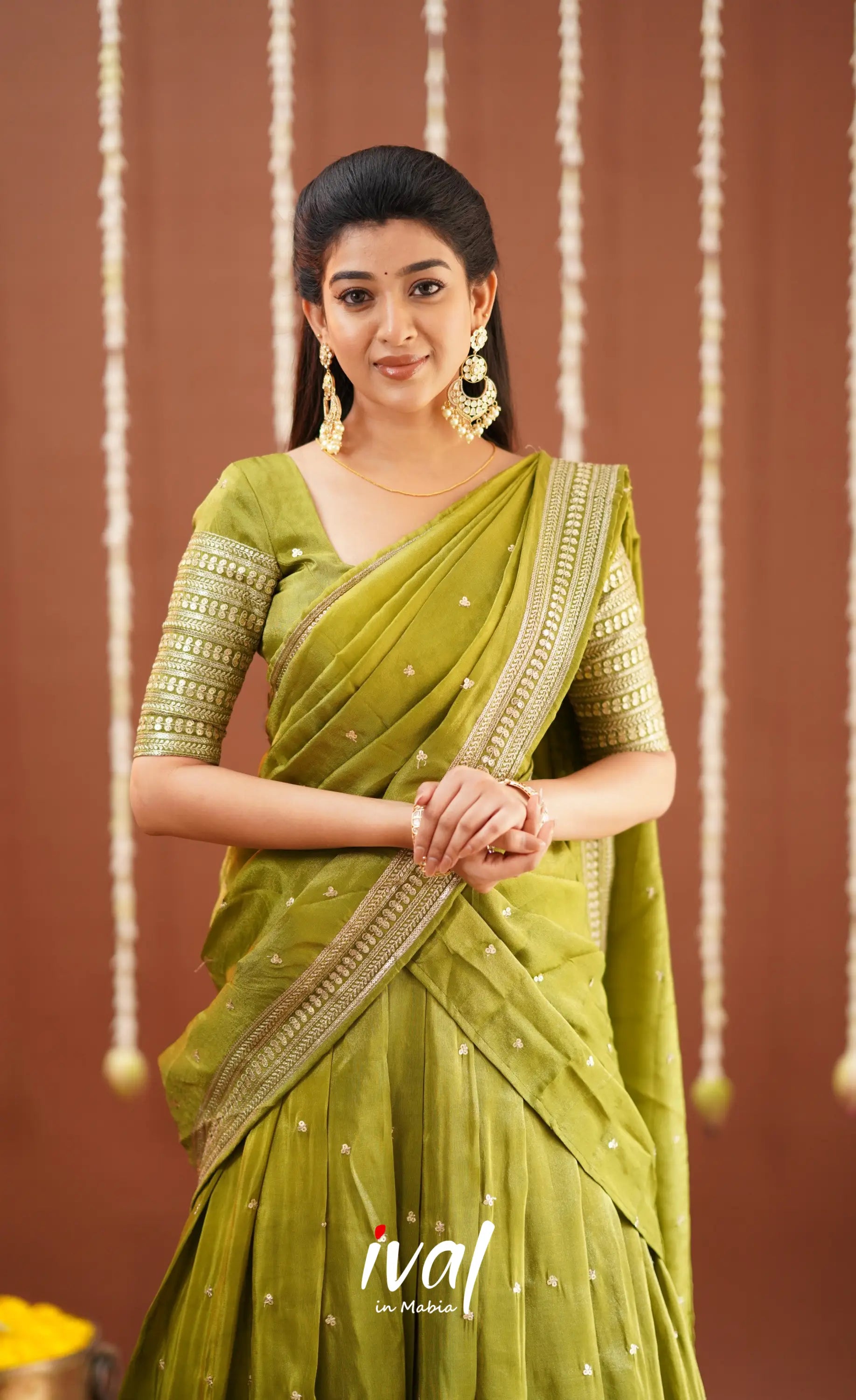 Tulip Gaji Fancy Silk Halfsaree - Olive Green Half Sarees