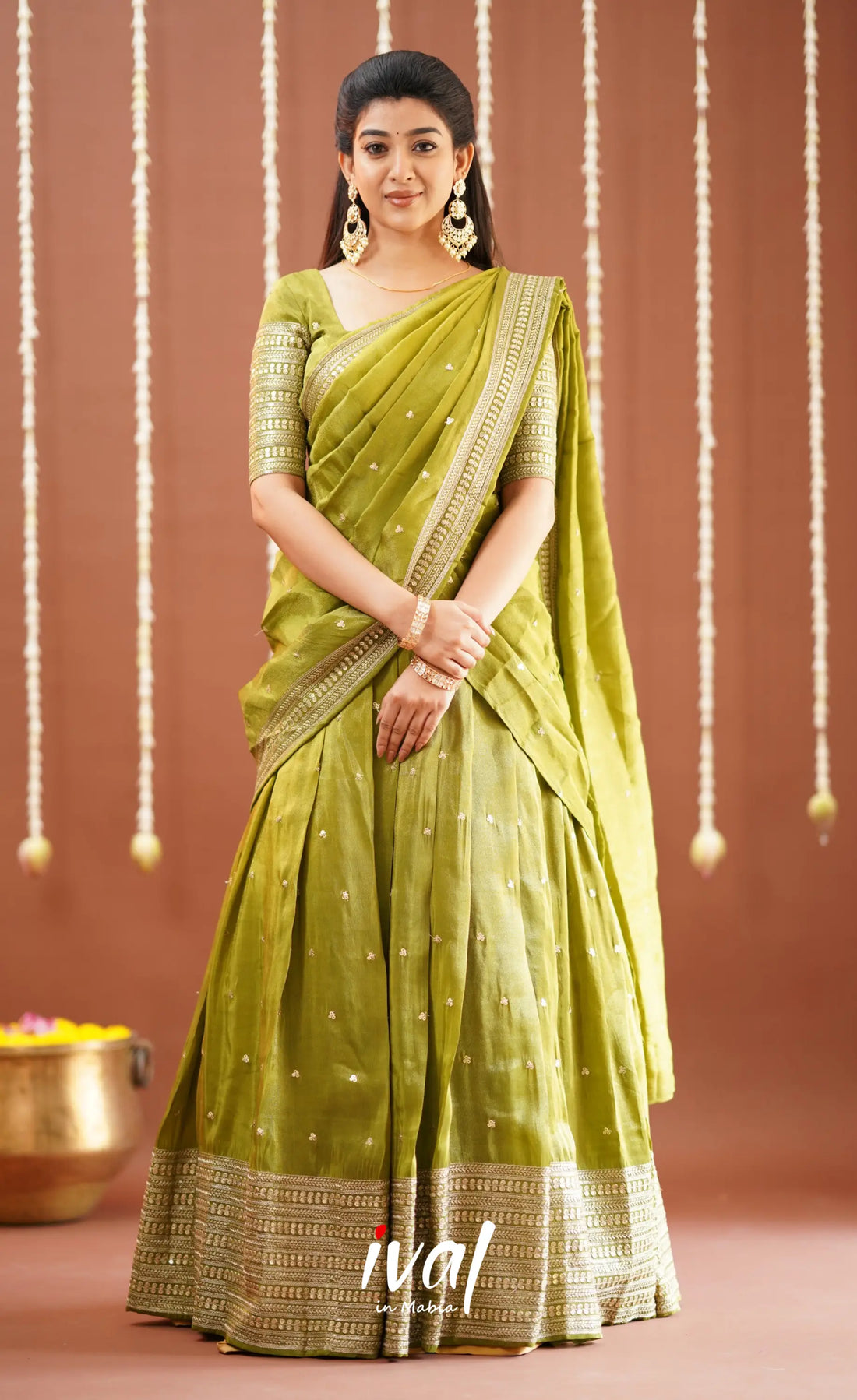 Tulip Gaji Fancy Silk Halfsaree - Olive Green Half Sarees