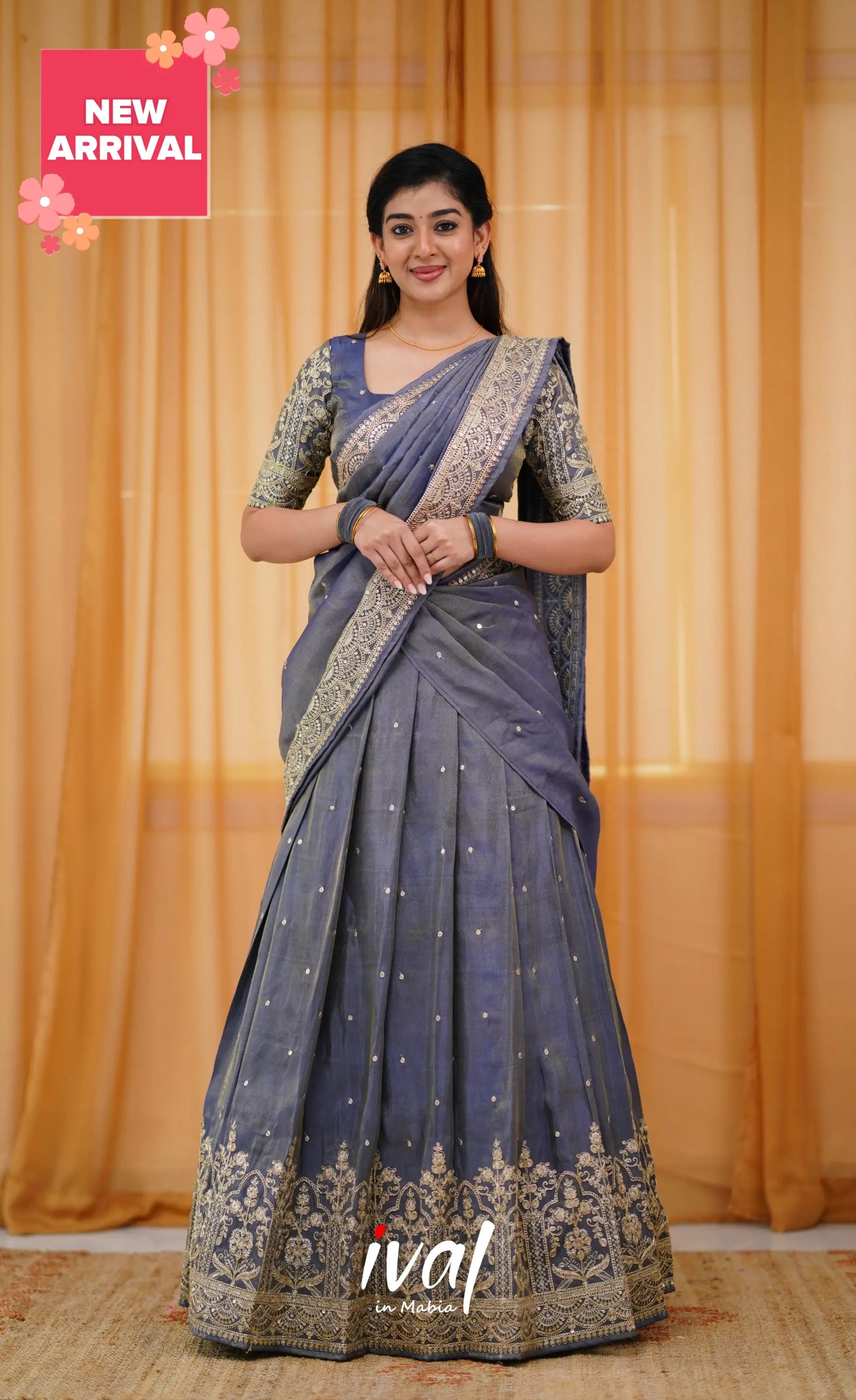 Tulip Gaji Silk Half Saree - Blueish Grey Sarees