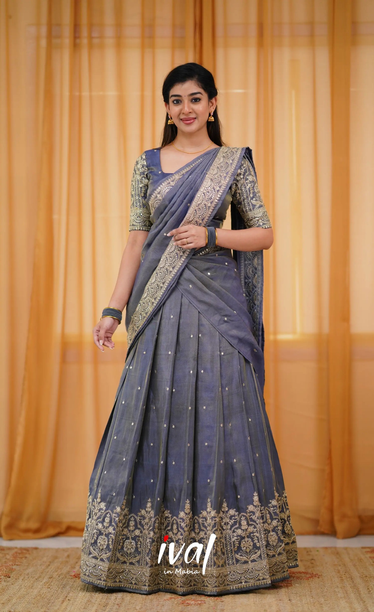 Tulip Gaji Silk Half Saree - Blueish Grey Sarees