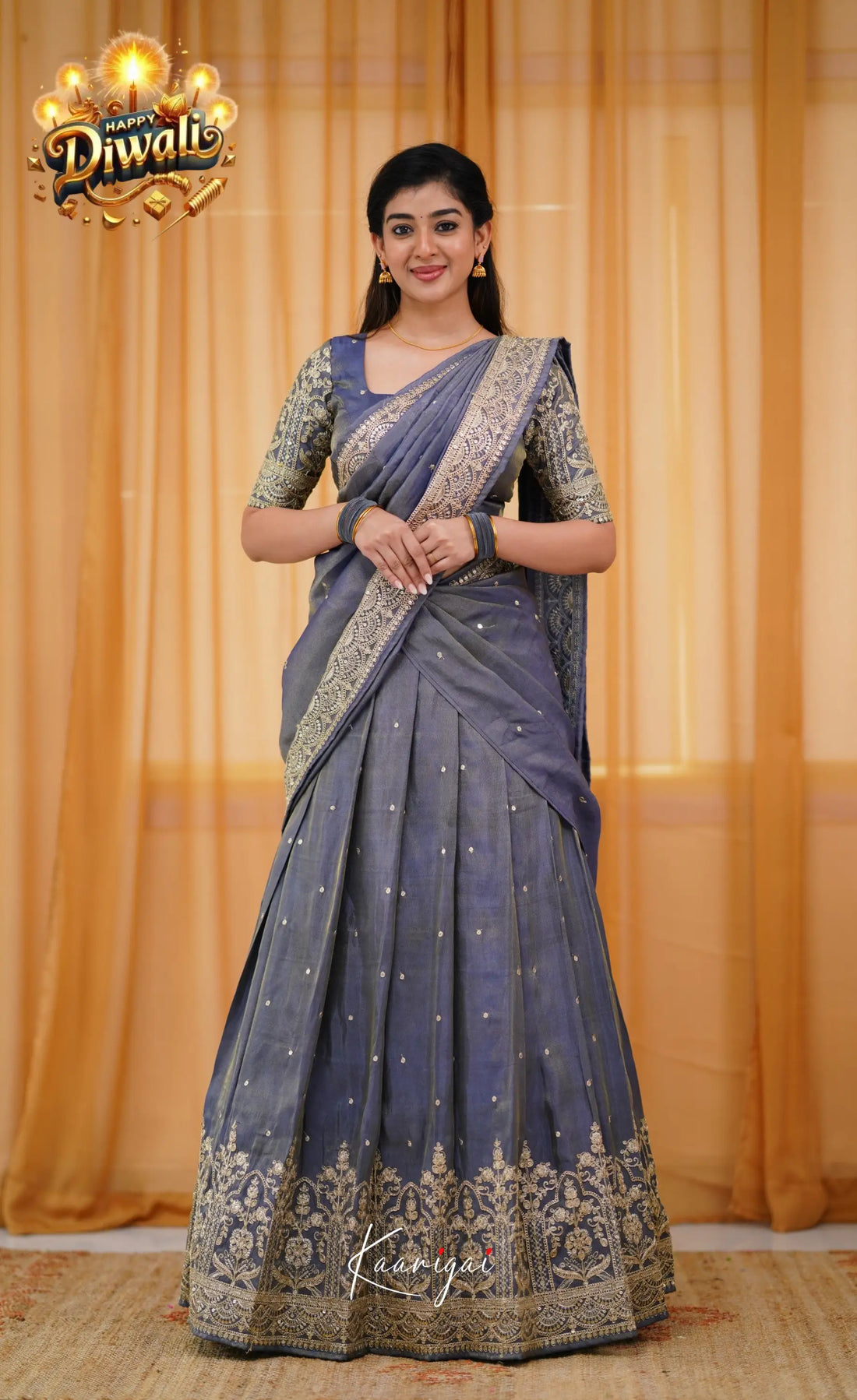 Tulip Gaji Silk Half Saree - Blueish Grey Sarees