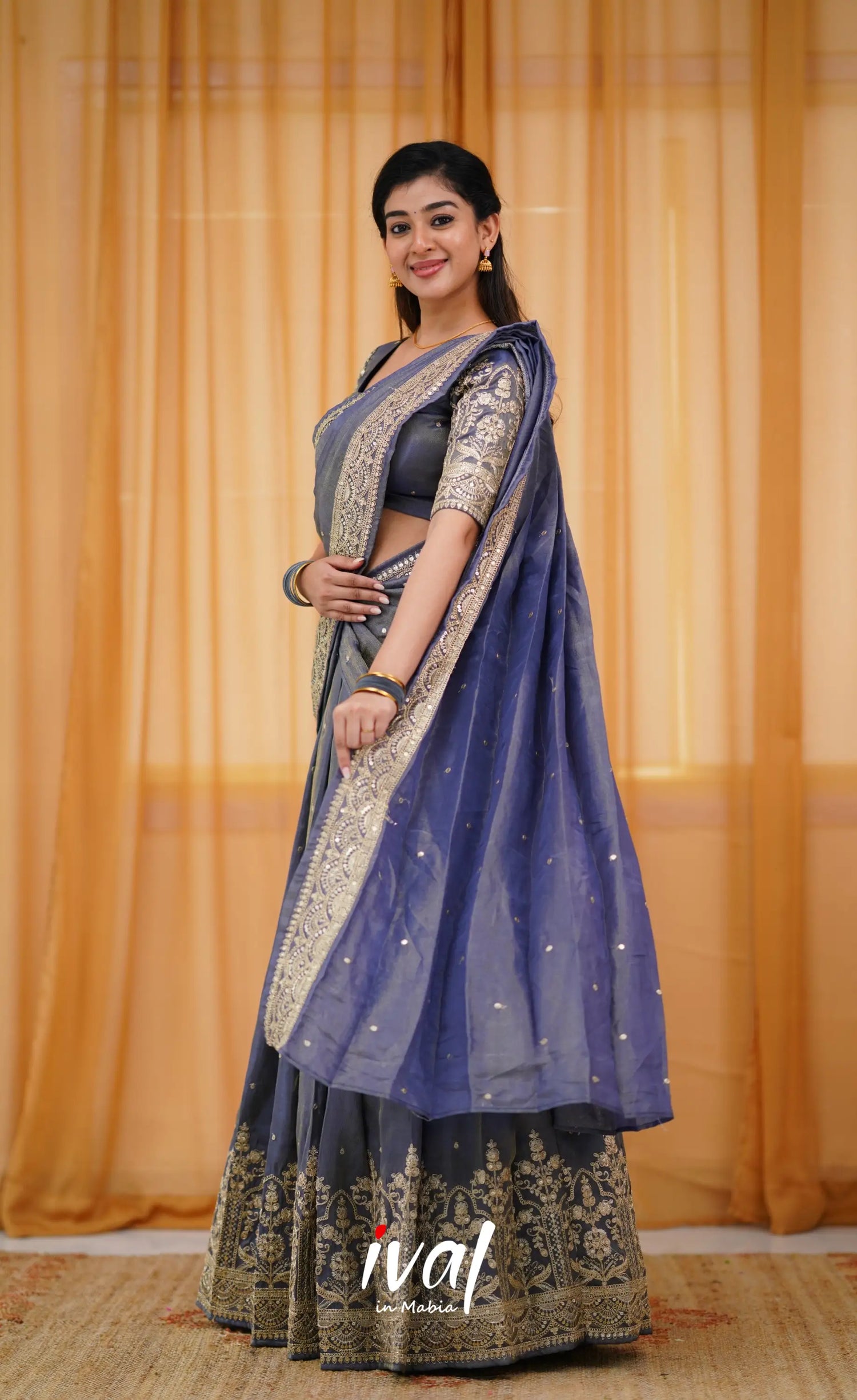 Tulip Gaji Silk Half Saree - Blueish Grey Sarees