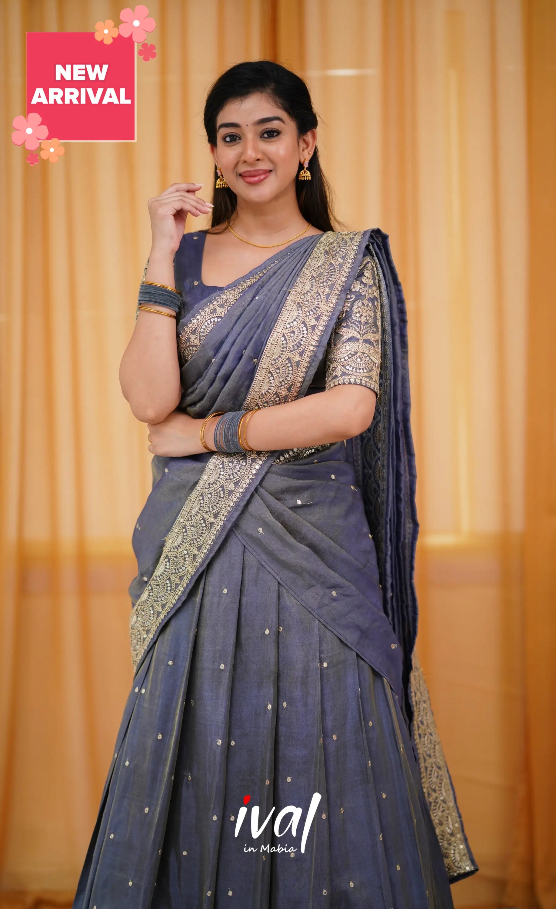 Tulip Gaji Silk Half Saree - Blueish Grey Sarees