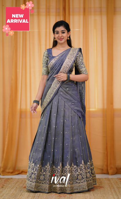 Tulip Gaji Silk Half Saree - Blueish Grey Sarees