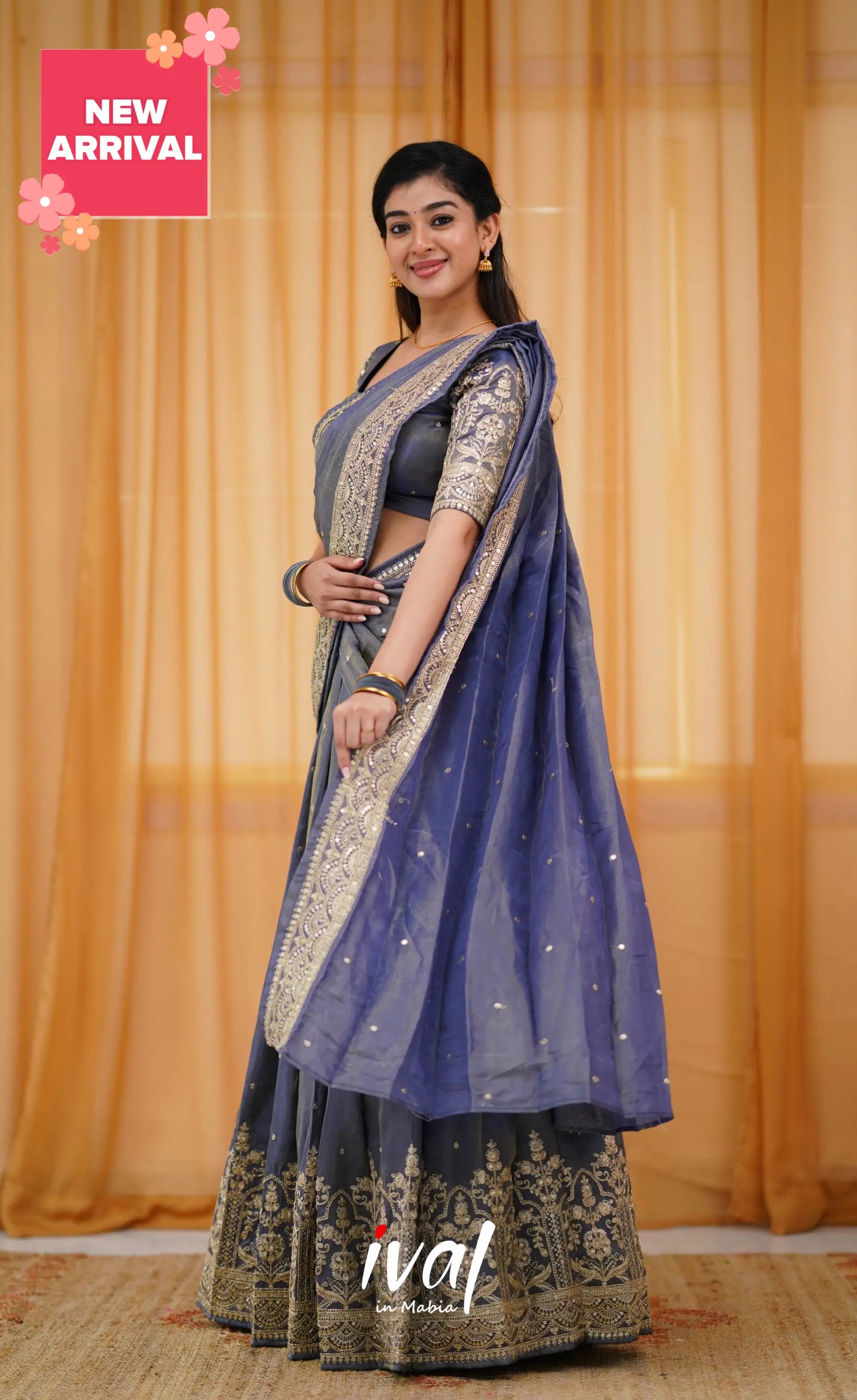 Tulip Gaji Silk Half Saree - Blueish Grey Sarees