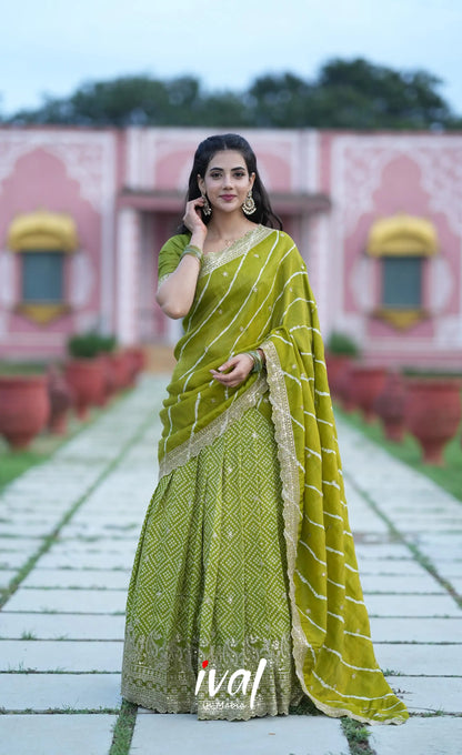Tulip Gaji Silk Half saree - Olive Green Half Sarees
