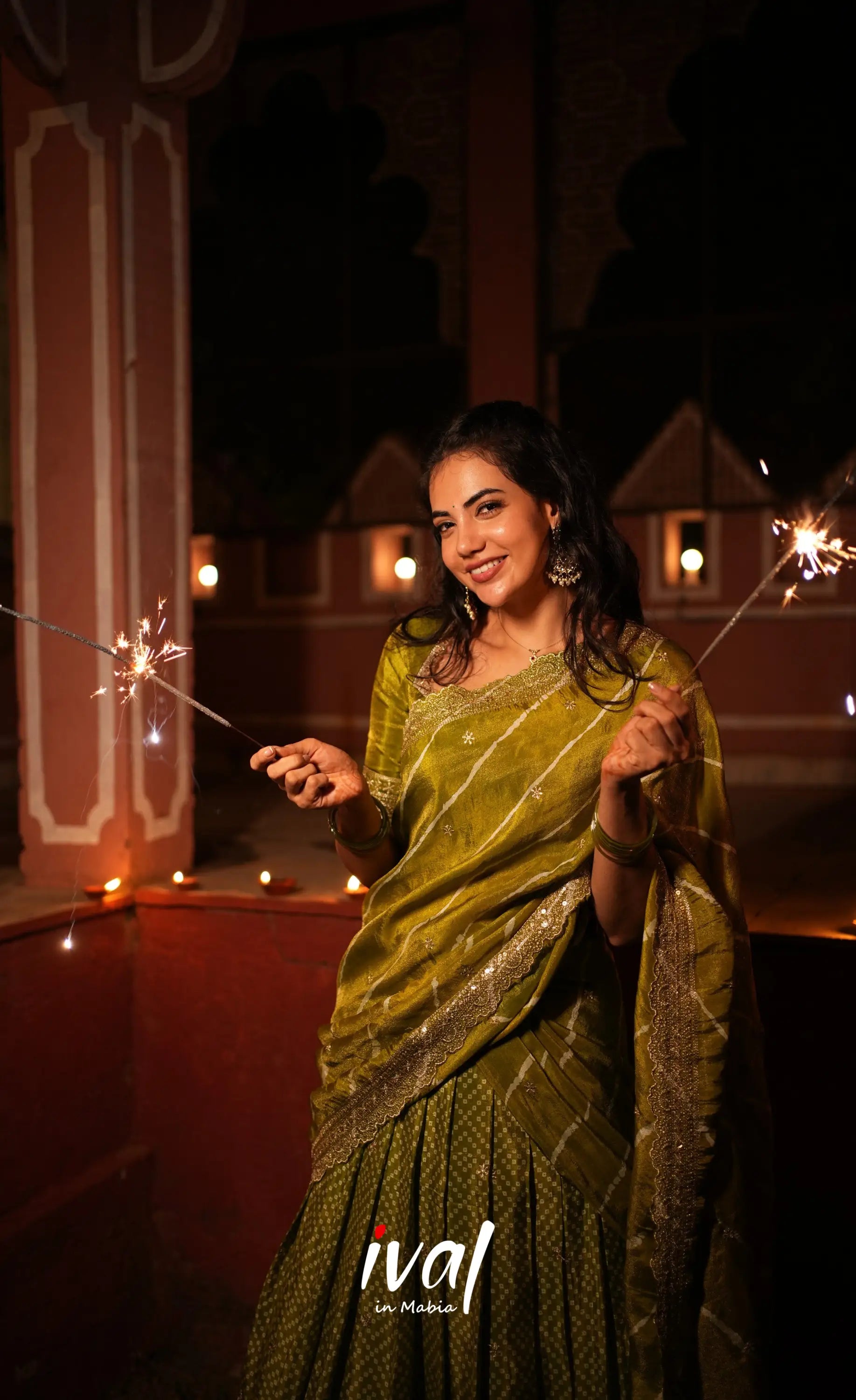 Tulip Gaji Silk Half saree - Olive Green Half Sarees