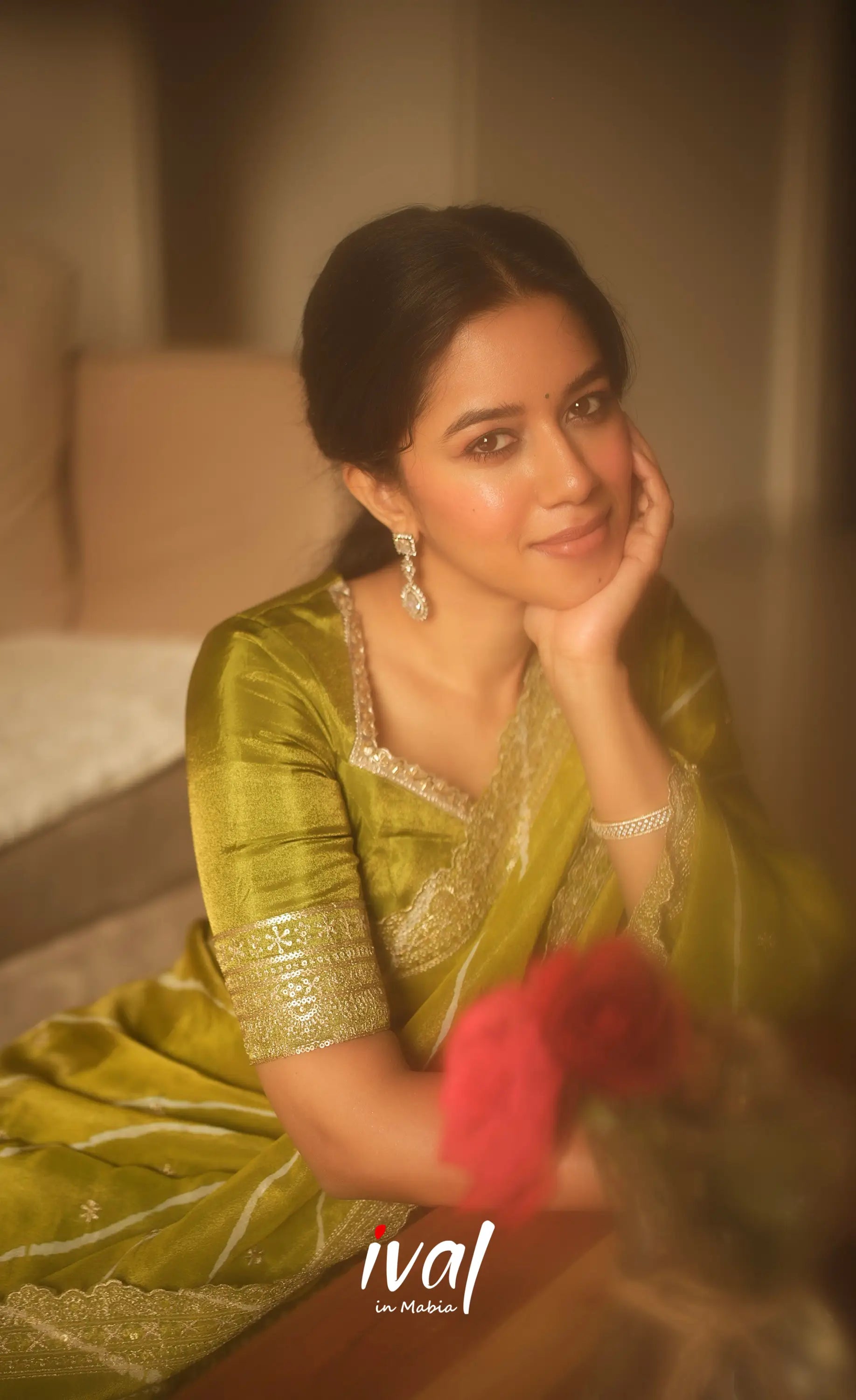 Tulip Gaji Silk Half saree - Olive Green Half Sarees