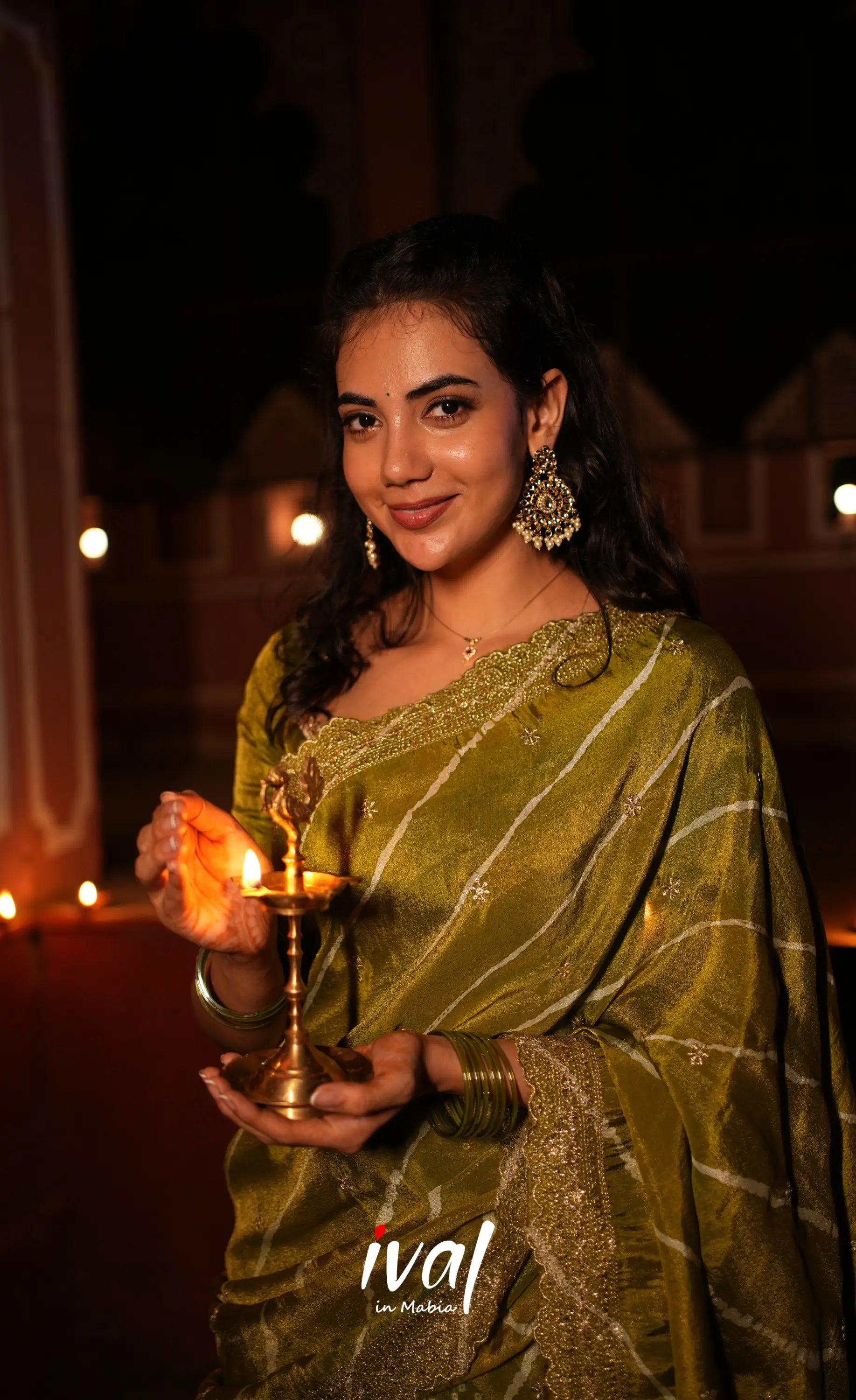 Tulip Gaji Silk Half saree - Olive Green Half Sarees