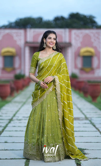 Tulip Gaji Silk Half saree - Olive Green Half Sarees