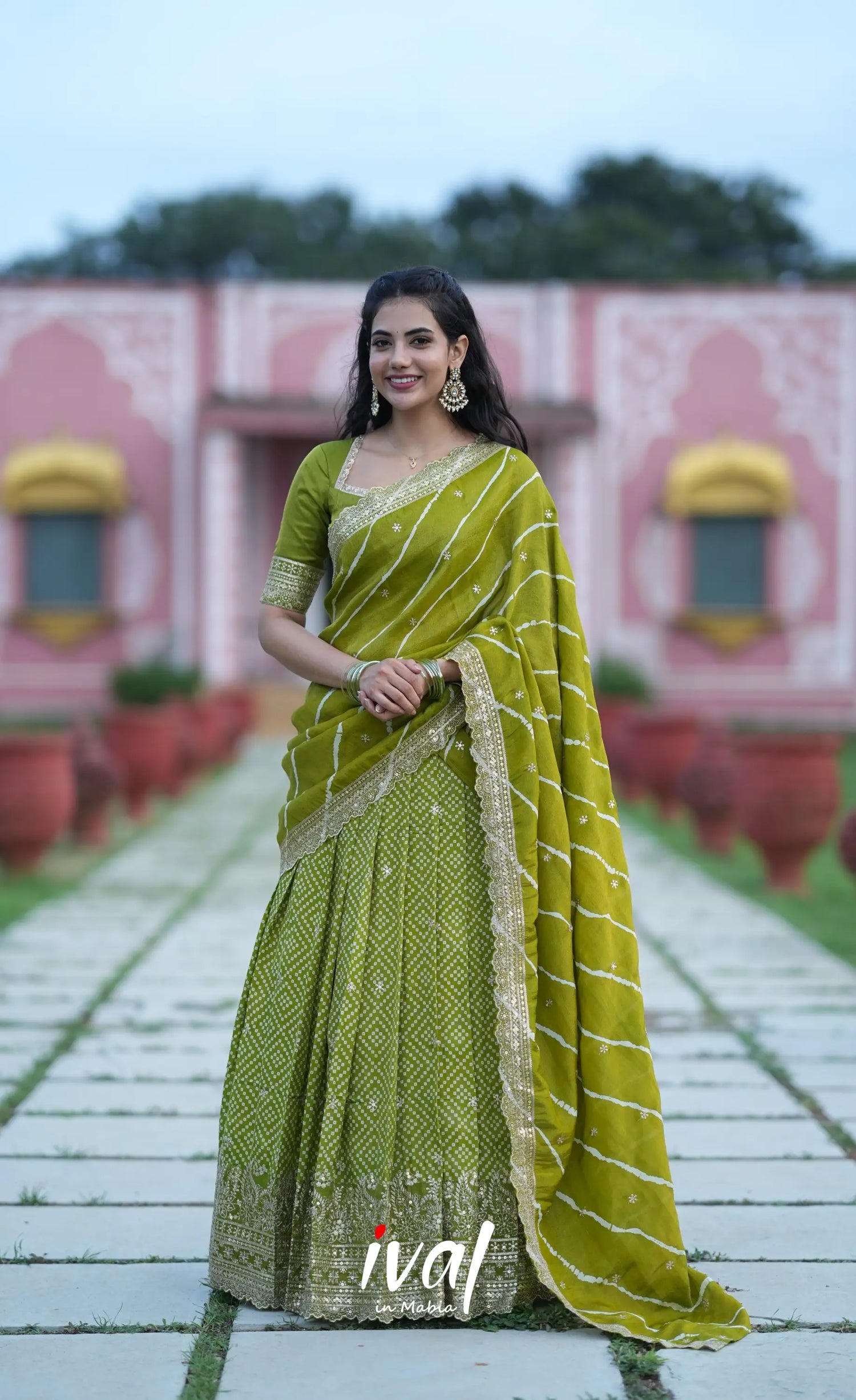 Tulip Gaji Silk Half saree - Olive Green Half Sarees