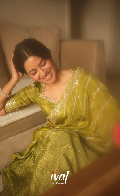 Tulip Gaji Silk Half saree - Olive Green Half Sarees