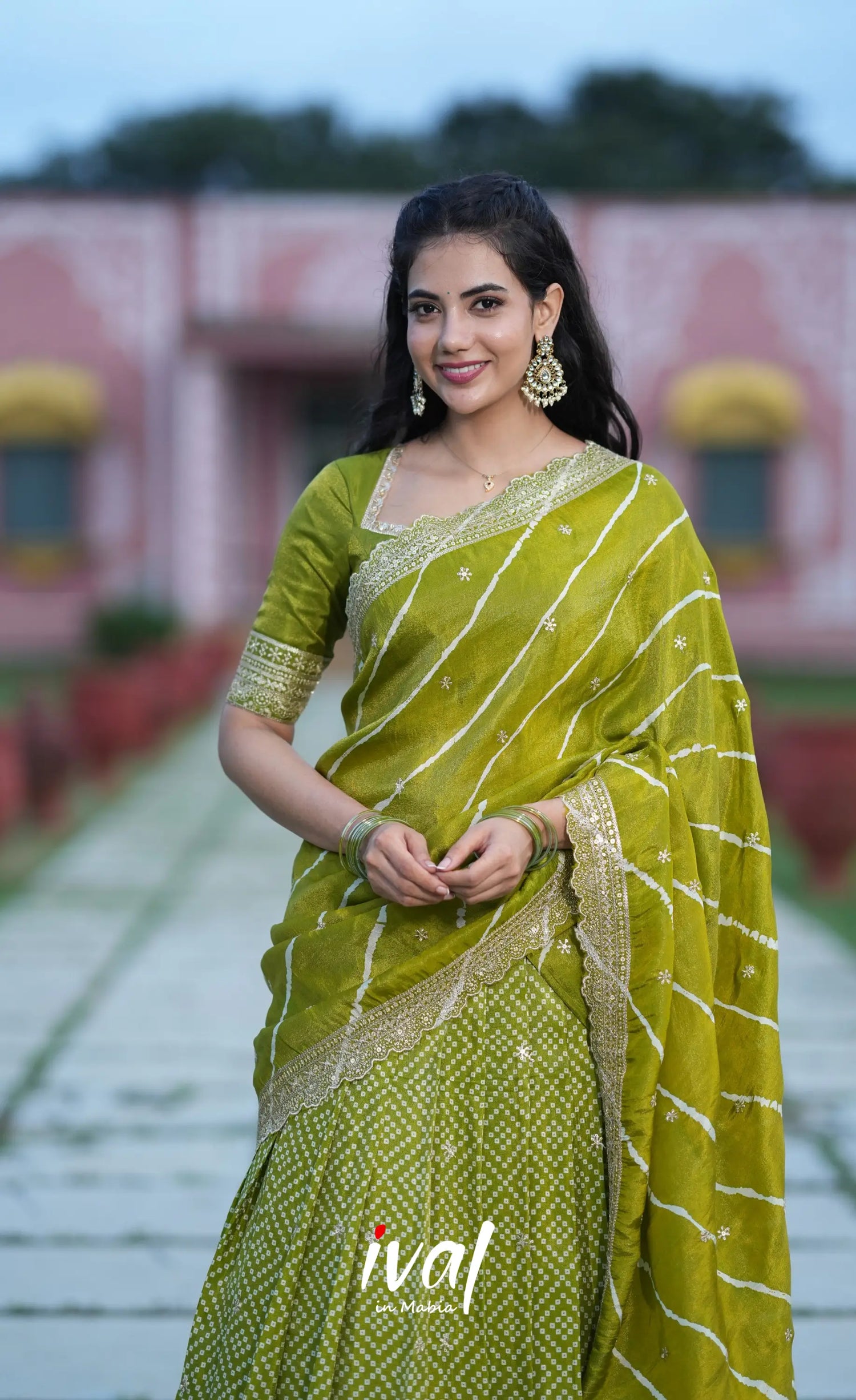 Tulip Gaji Silk Half saree - Olive Green Half Sarees