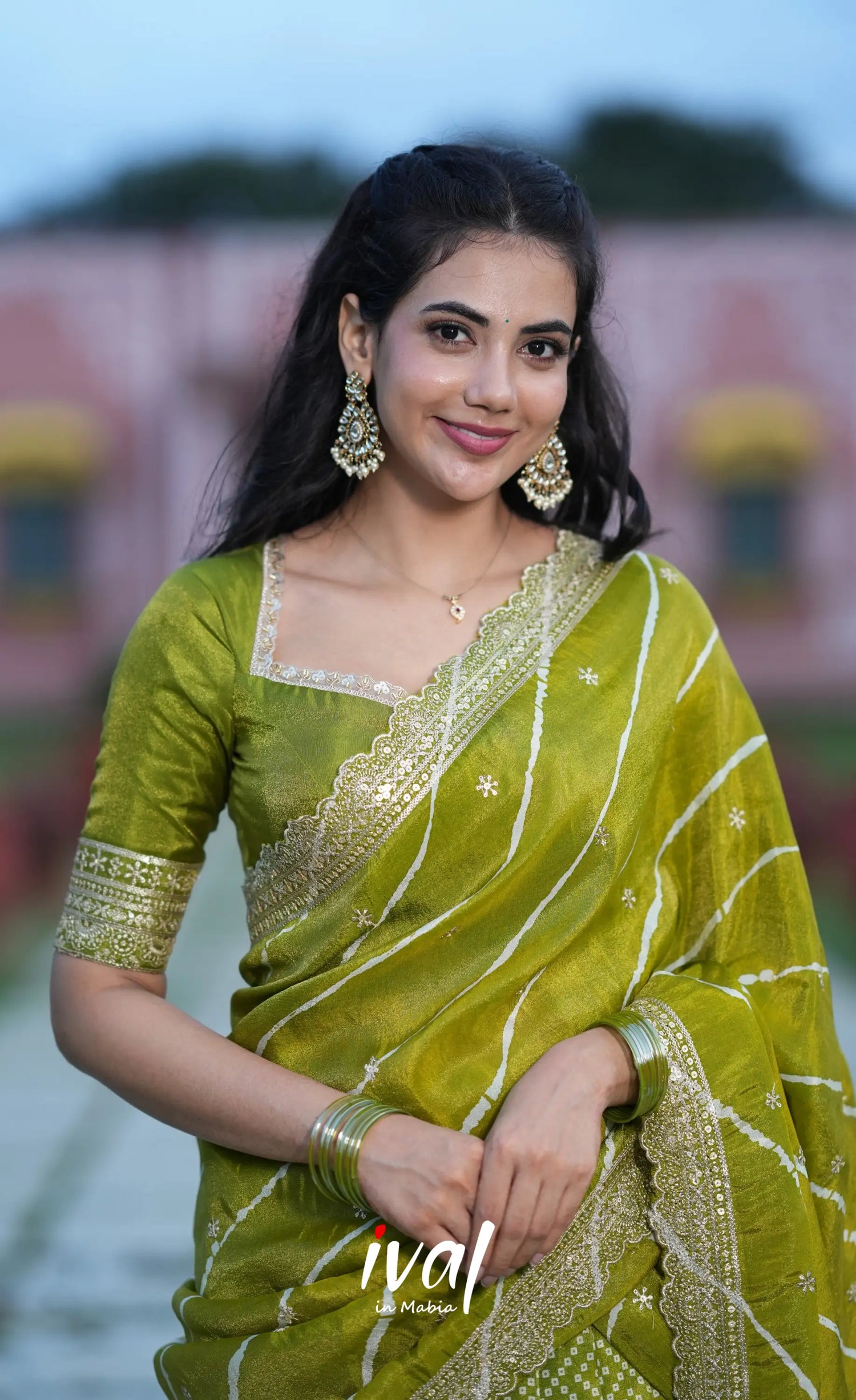 Tulip Gaji Silk Half saree - Olive Green Half Sarees