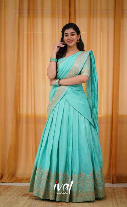 Tulip Gaji Silk Half Saree - Teal Blue Sarees