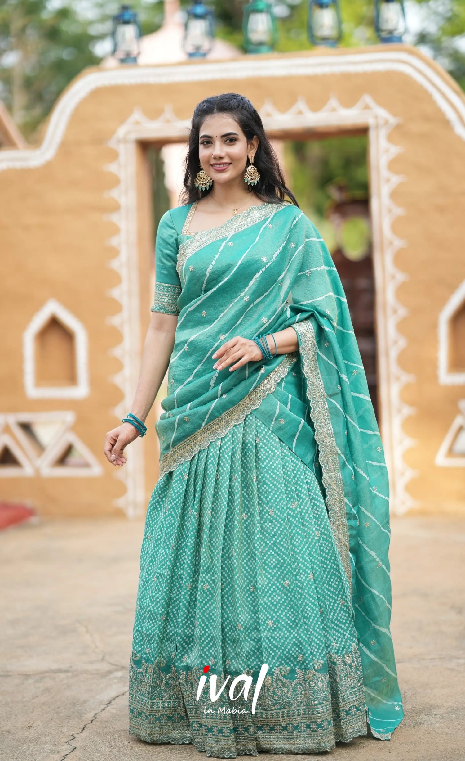 Tulip Gaji Silk Half saree - Teal Green Half Sarees