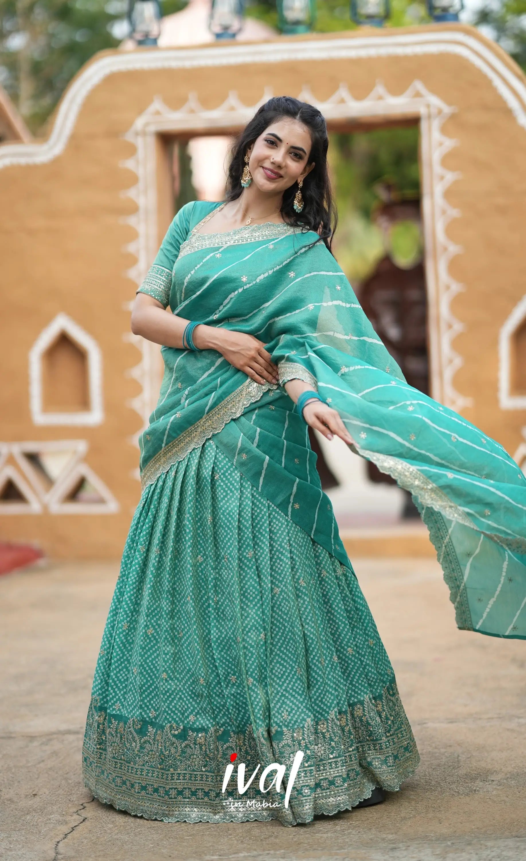 Tulip Gaji Silk Half saree - Teal Green Half Sarees