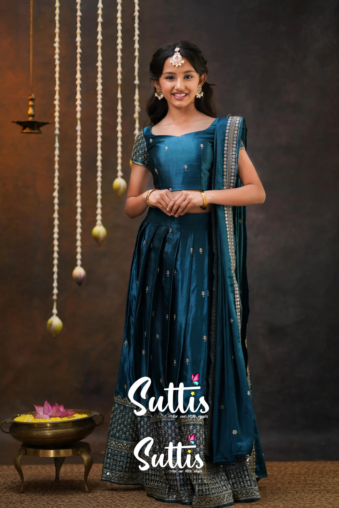 Tulip - Peacock Blue Pure Gaji Silk Half Saree Kids-Suttis