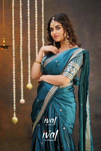 Tulip - Peacock Blue Pure Gaji Silk Half Saree Sarees