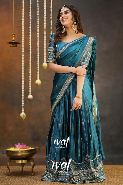 Tulip - Peacock Blue Pure Gaji Silk Half Saree Sarees