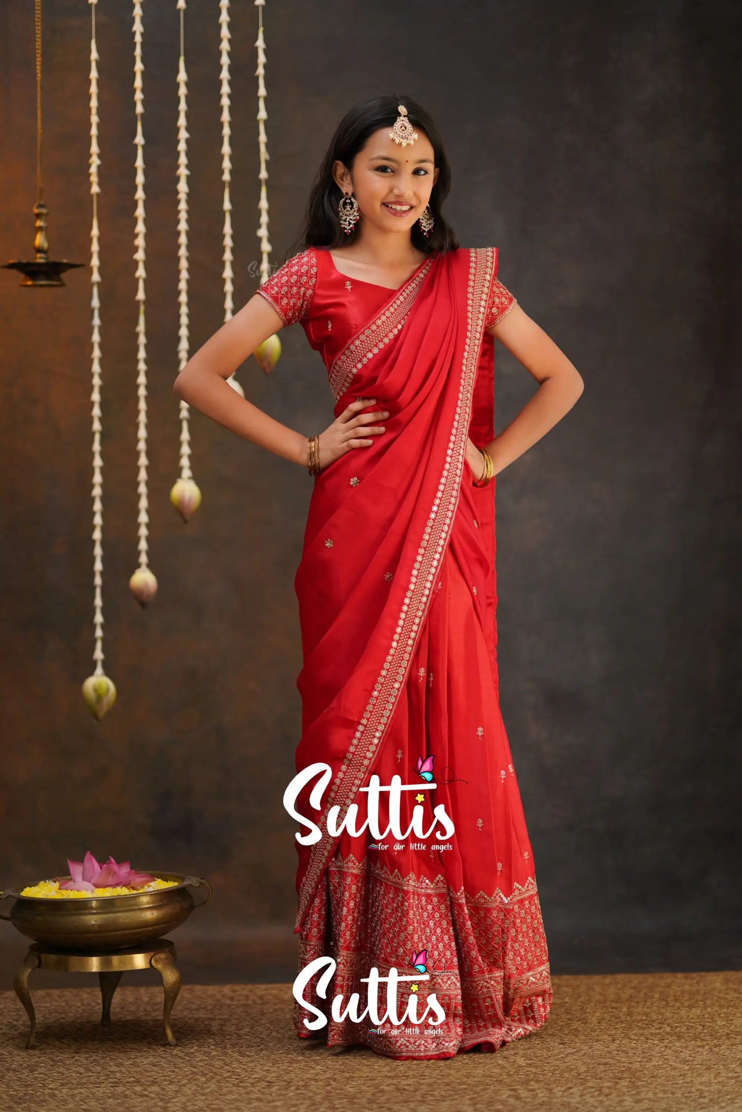 Tulip - Red Pure Gaji Silk Half Saree Kids-Suttis