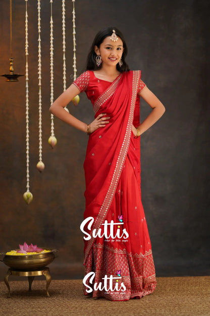 Tulip - Red Pure Gaji Silk Half Saree Kids-Suttis